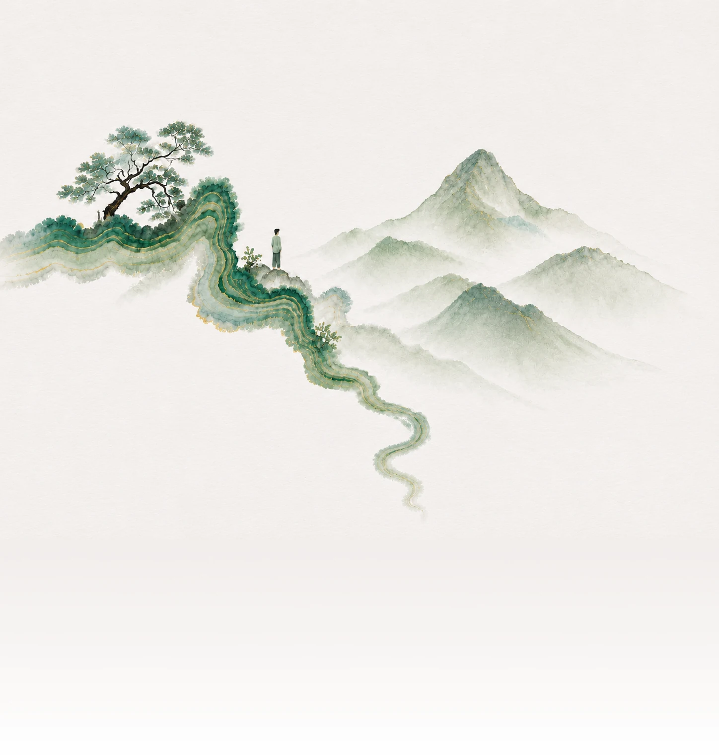 A figure on a winding path looking toward a distant mountain